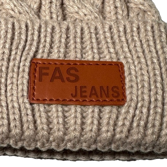 FAS Jeans Beanie OS Taupe Double Pom Cable Knit Wool - Picture 5 of 7